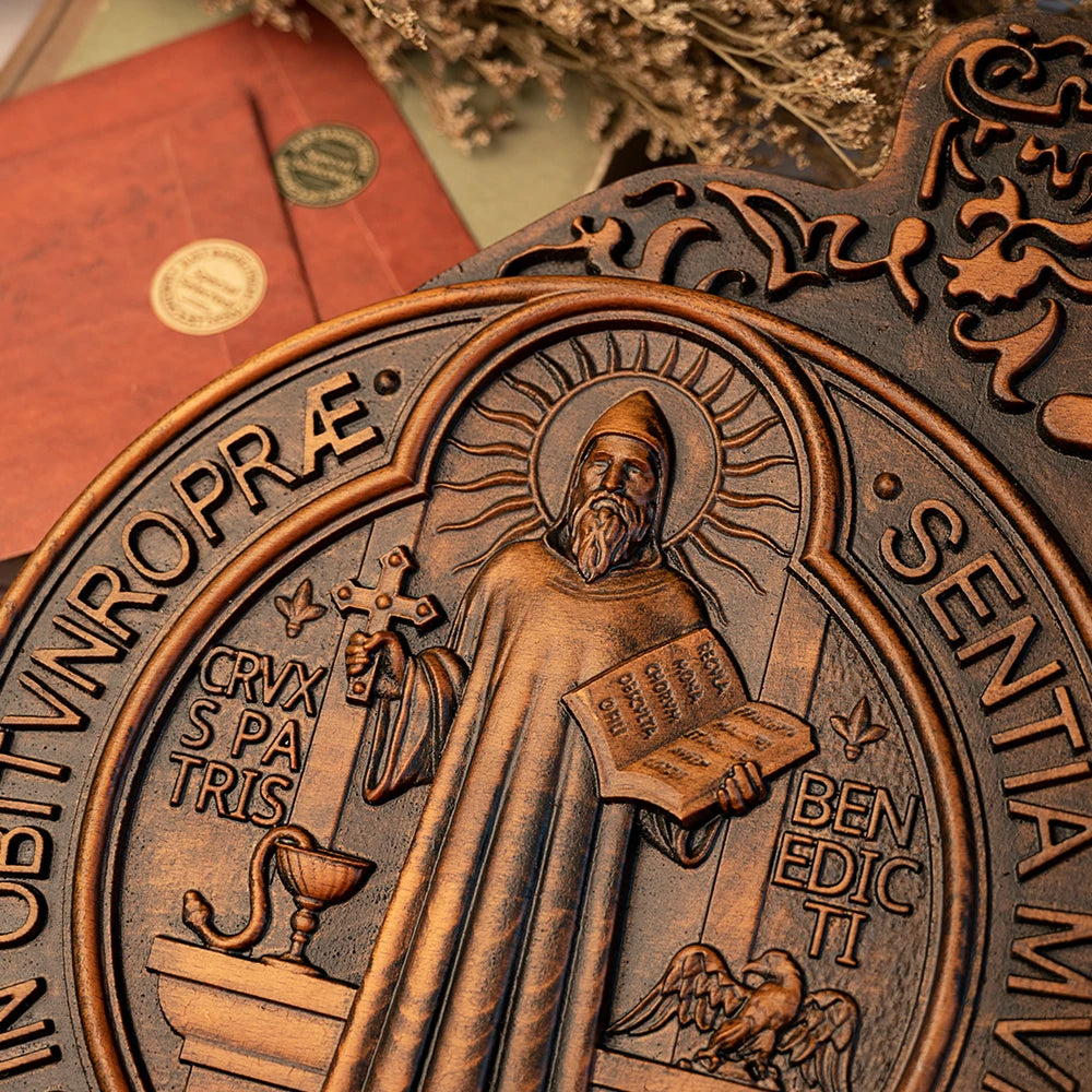 Saint Benedict medal , Exorcism plaque,  wood carving wall decoration