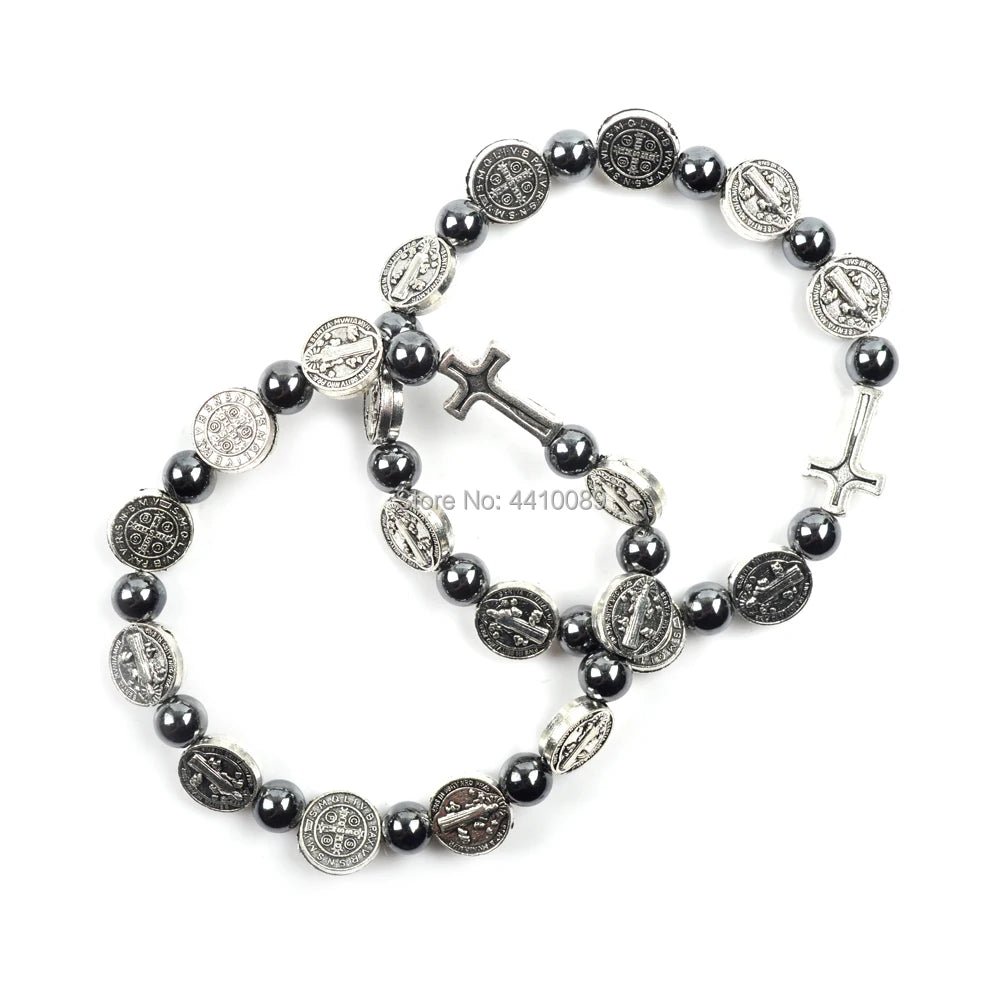 St Benedict Rosary Hematite Elastic Braclet