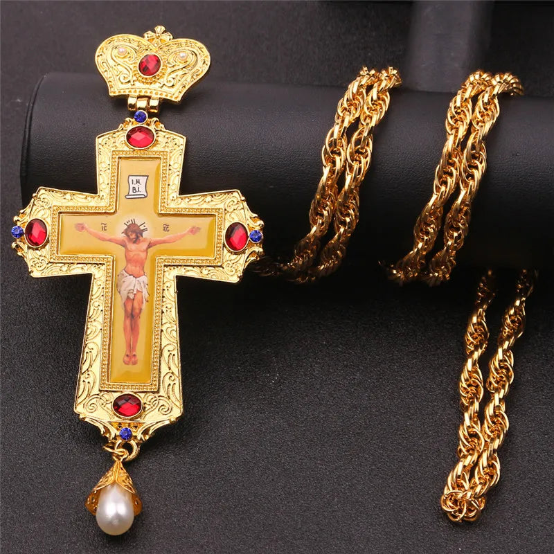 Gold Pectoral Crucifix Clear Crystal Virgin Mary Necklace