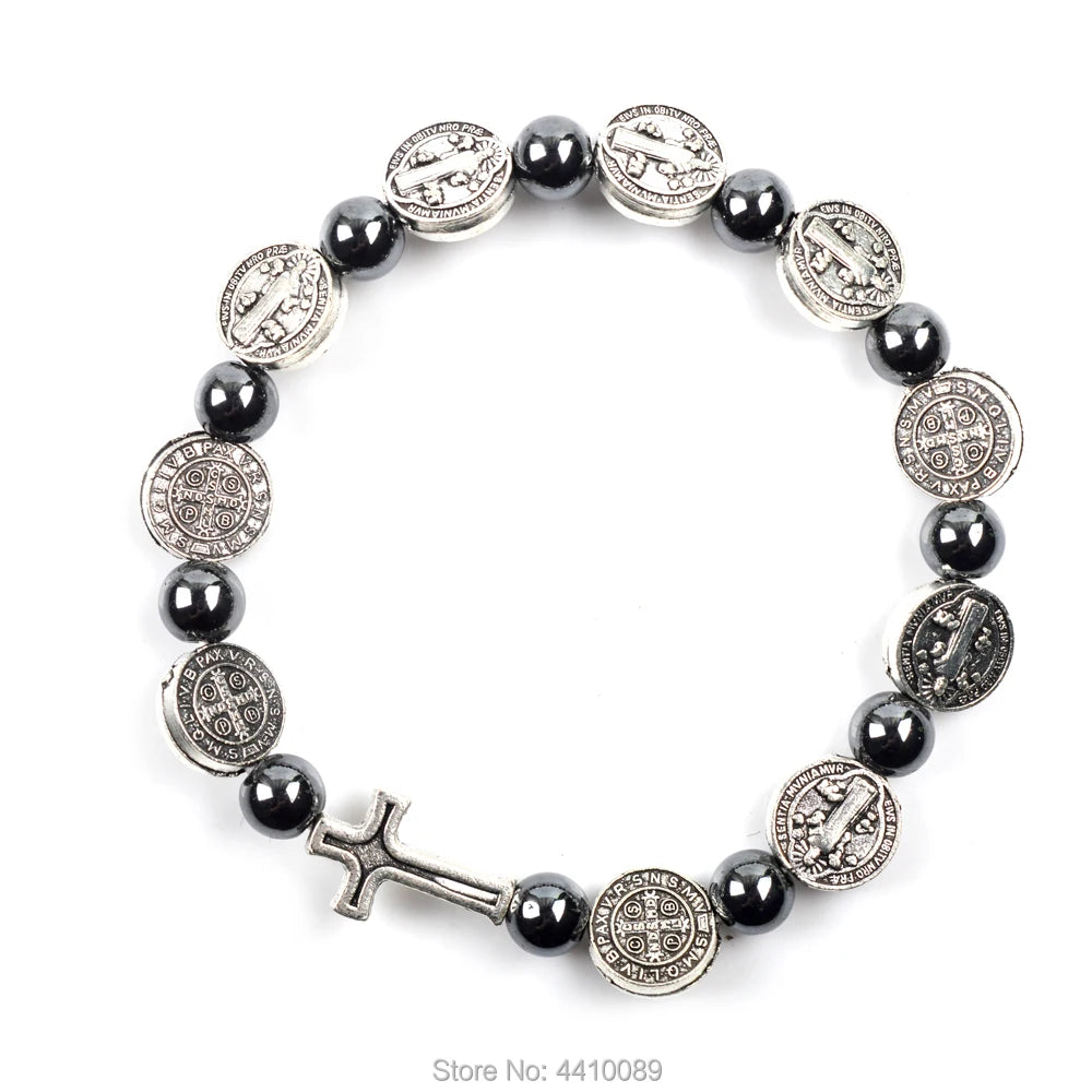 St Benedict Rosary Hematite Elastic Braclet