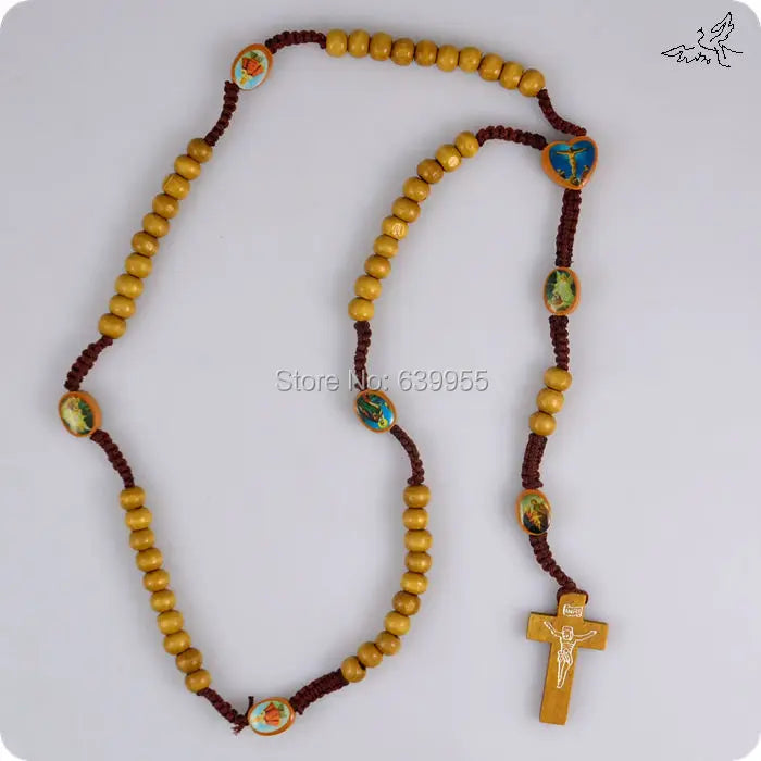 Holy Icon Wooden Rosary Bead Necklace