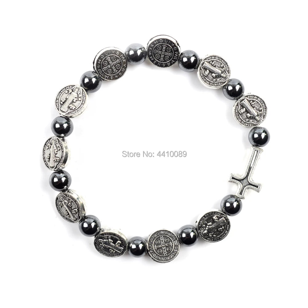 St Benedict Rosary Hematite Elastic Braclet