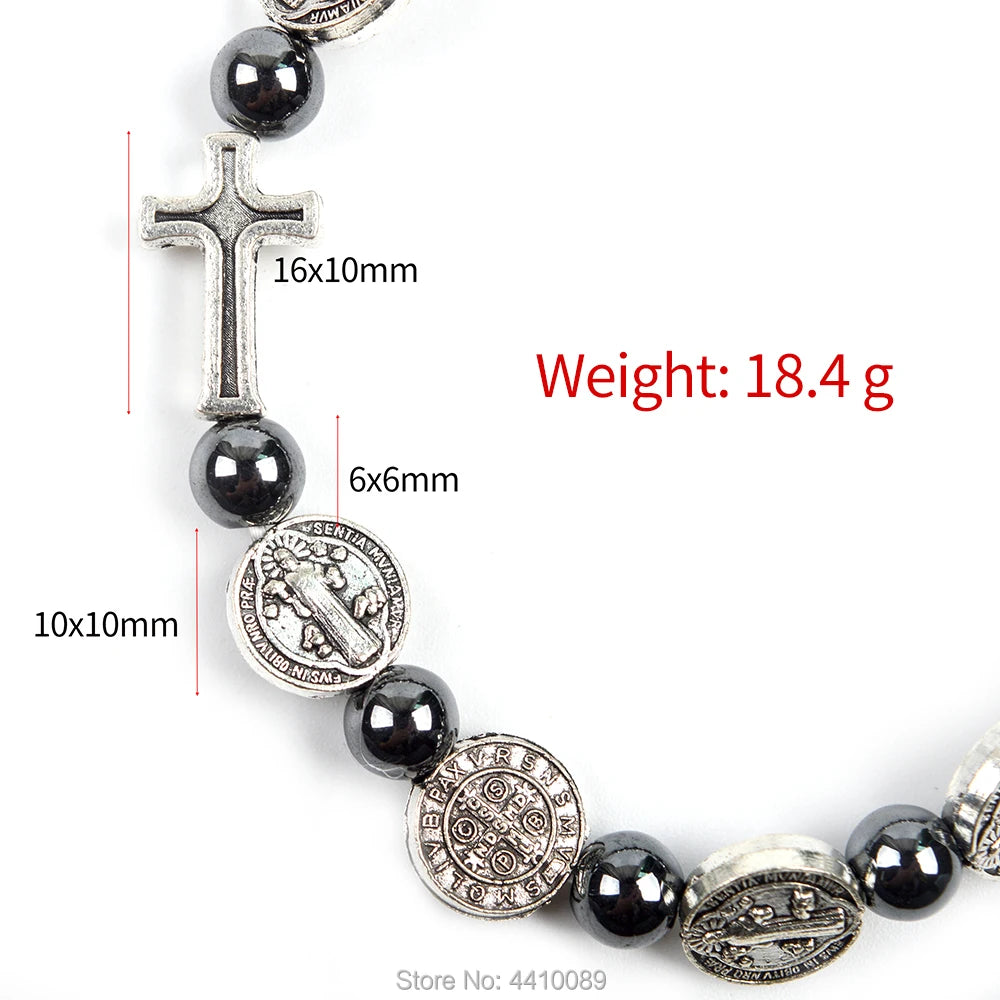St Benedict Rosary Hematite Elastic Braclet