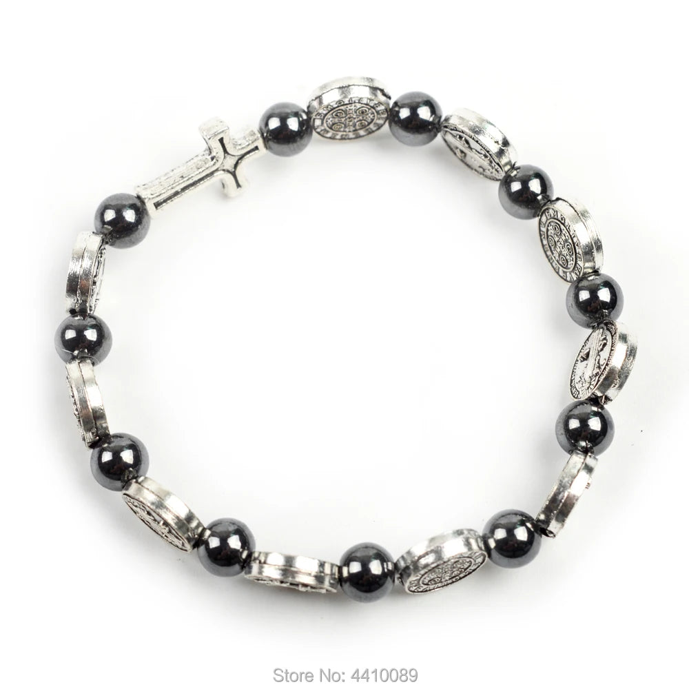 St Benedict Rosary Hematite Elastic Braclet