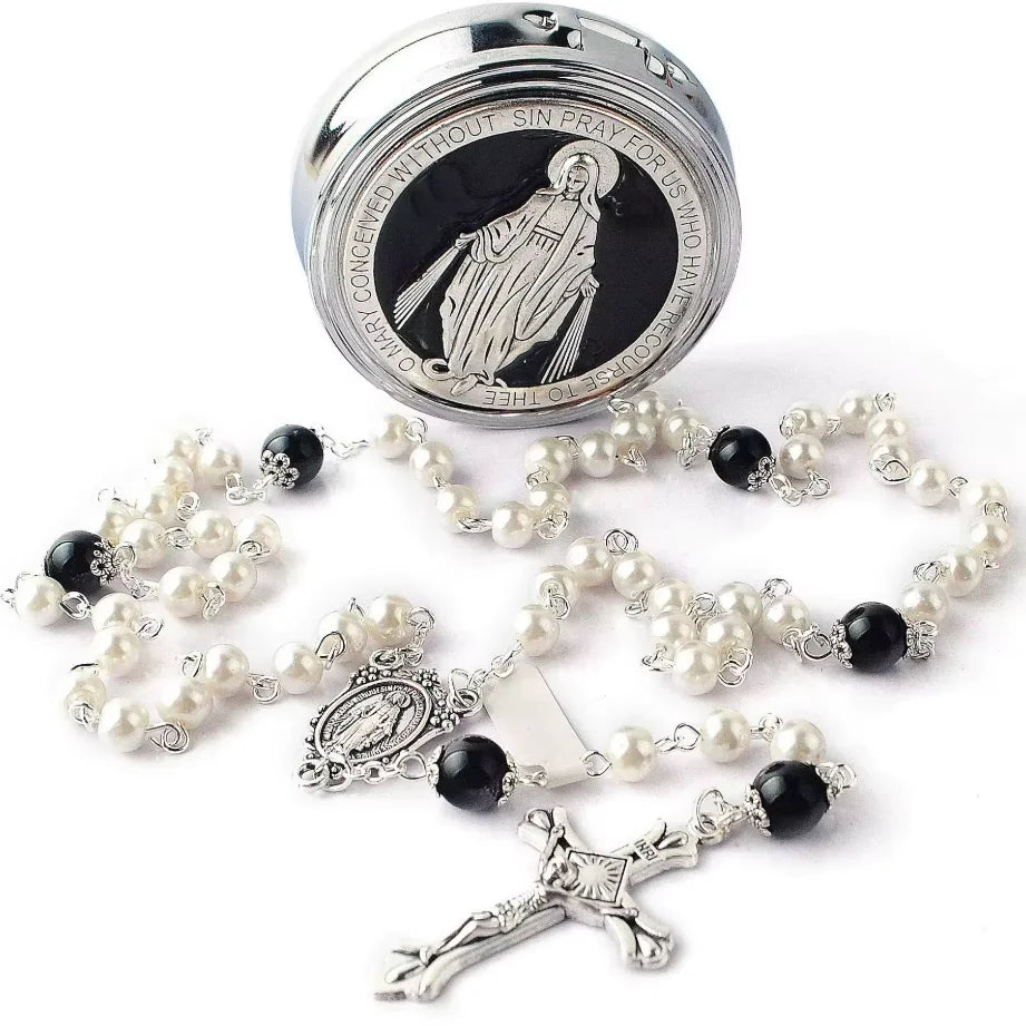 Glass Virgin Mary Cross Rosary Necklace Handmade Crochet Catholic Christ Church Utensils Baptism Prayer Rosary