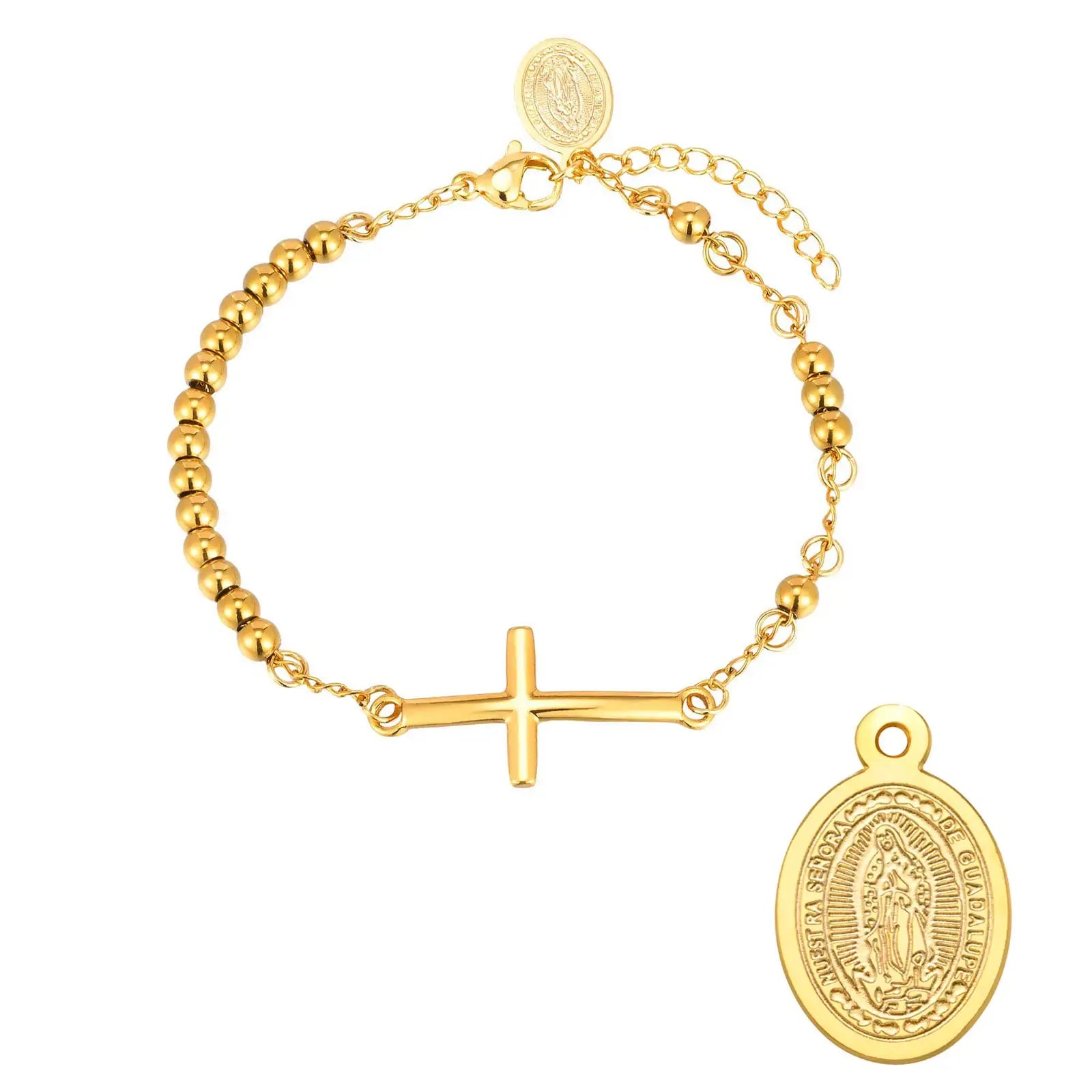 Stainless Steel Rosary Virgin Mary Cross Bracelet, St Benedict Three-color Bead Chain Bracelet,