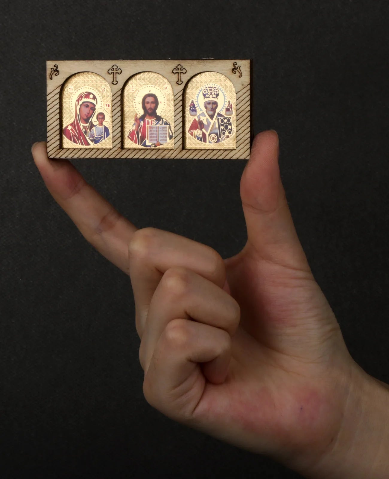 Stickable Orthodox Triple Holy Icon Theotokos Pantocrator Jesus St.Nicholas
