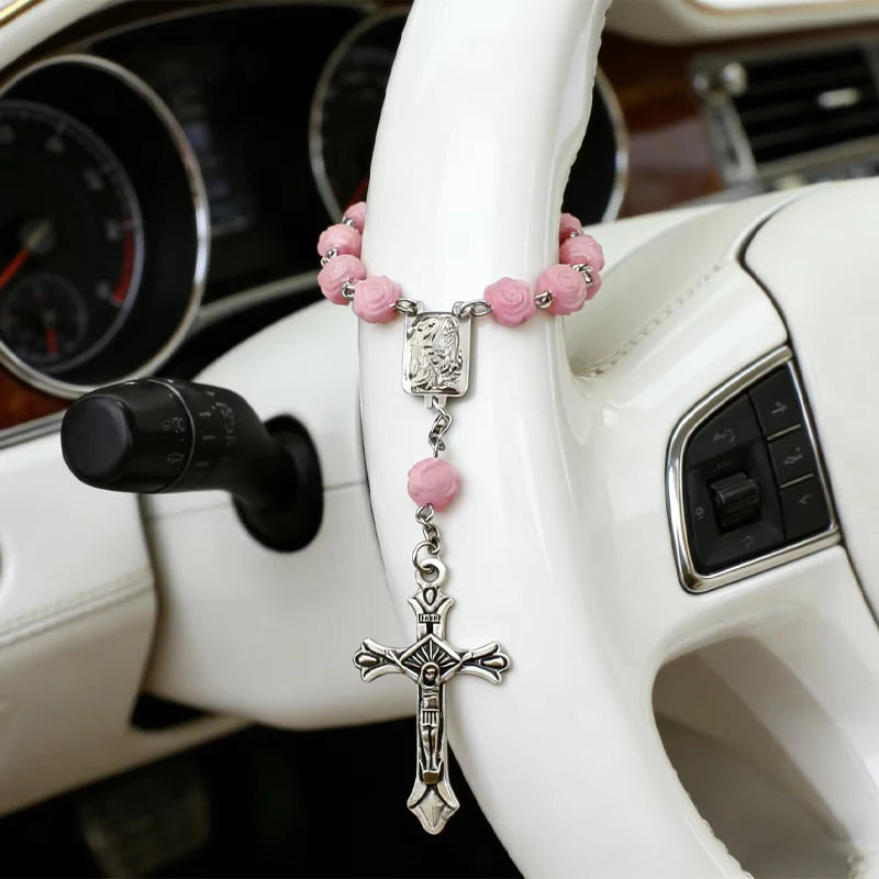 Pink Rose Beads Crucifix Hanging Ornament for Interior Decoration