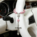 Pink Rose Beads Crucifix Hanging Ornament for Interior Decoration
