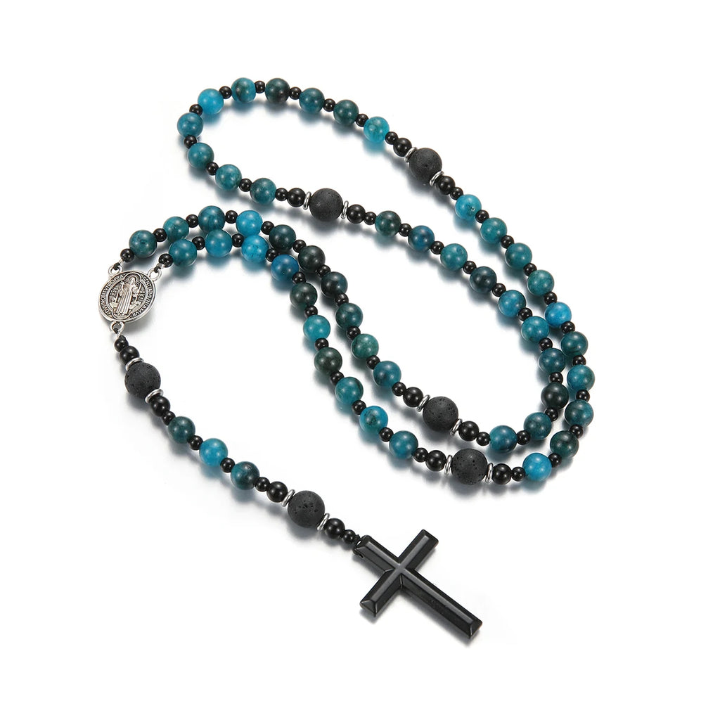 Gemstone Blue Beads Saint Benedict Cross Pendant Necklace for Men and Women