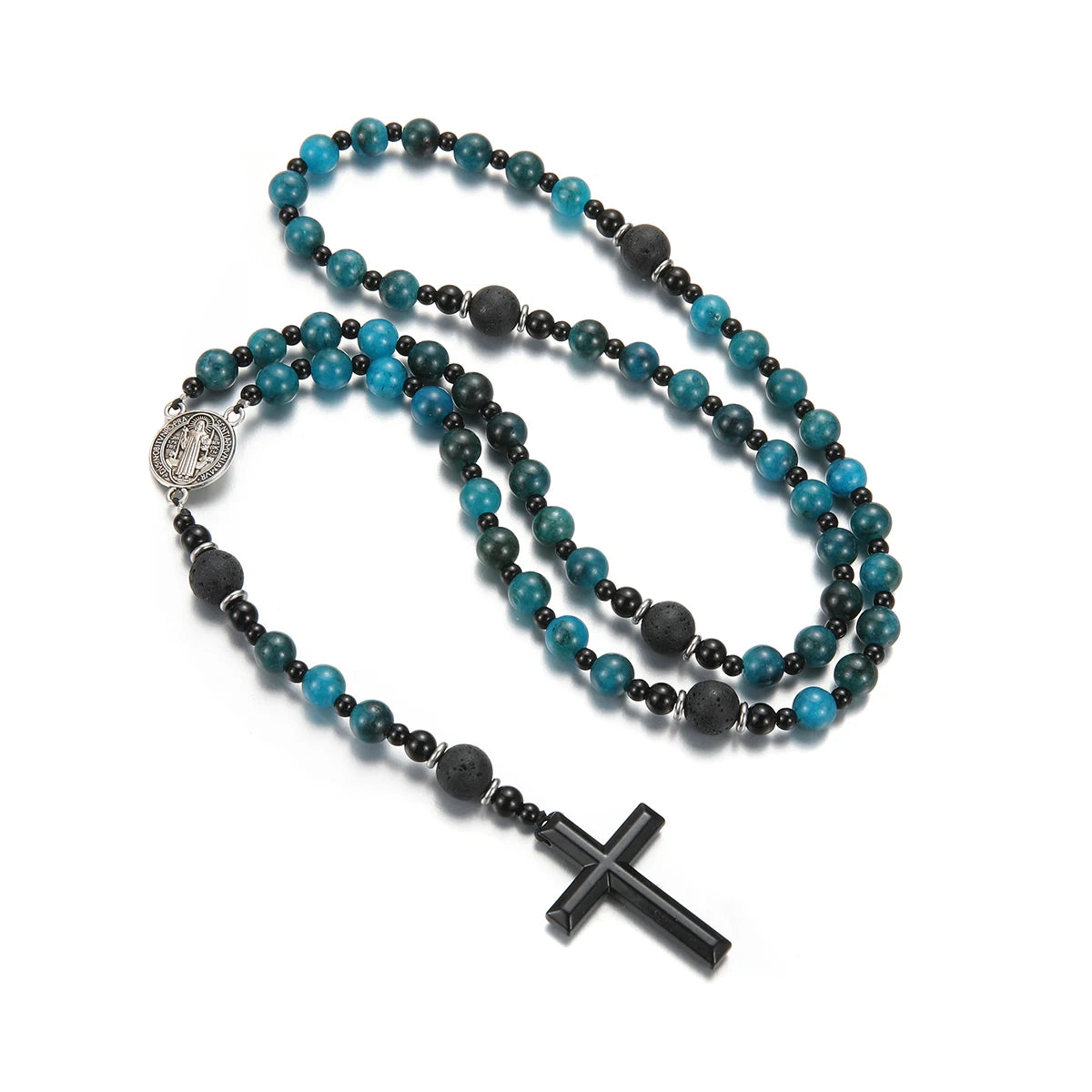 Gemstone Blue Beads Saint Benedict Cross Pendant Necklace for Men and Women