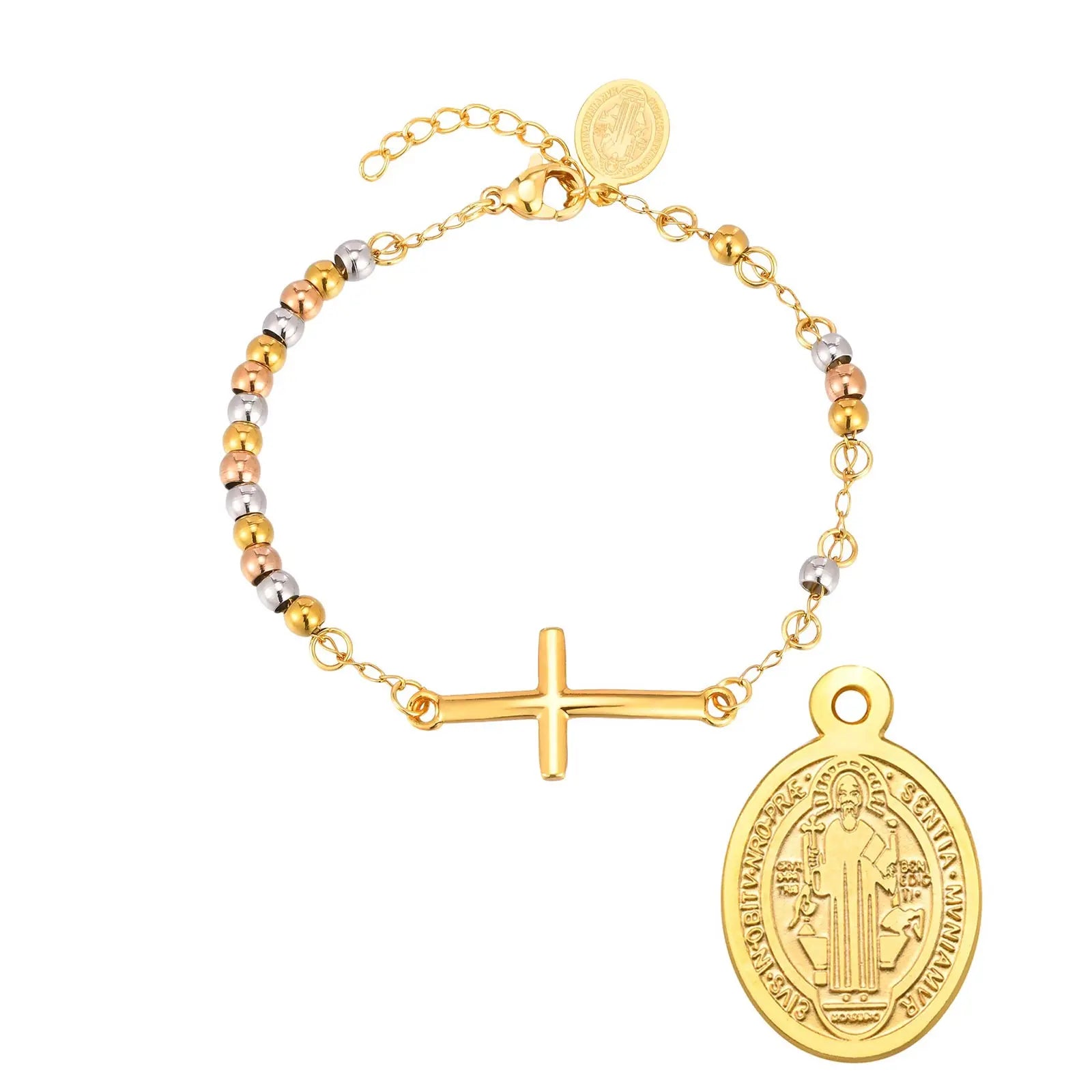 Stainless Steel Rosary Virgin Mary Cross Bracelet, St Benedict Three-color Bead Chain Bracelet,