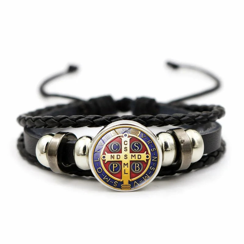 Saint Benedict Medal Leather Bracelet Catholic San Benito Glass Dome