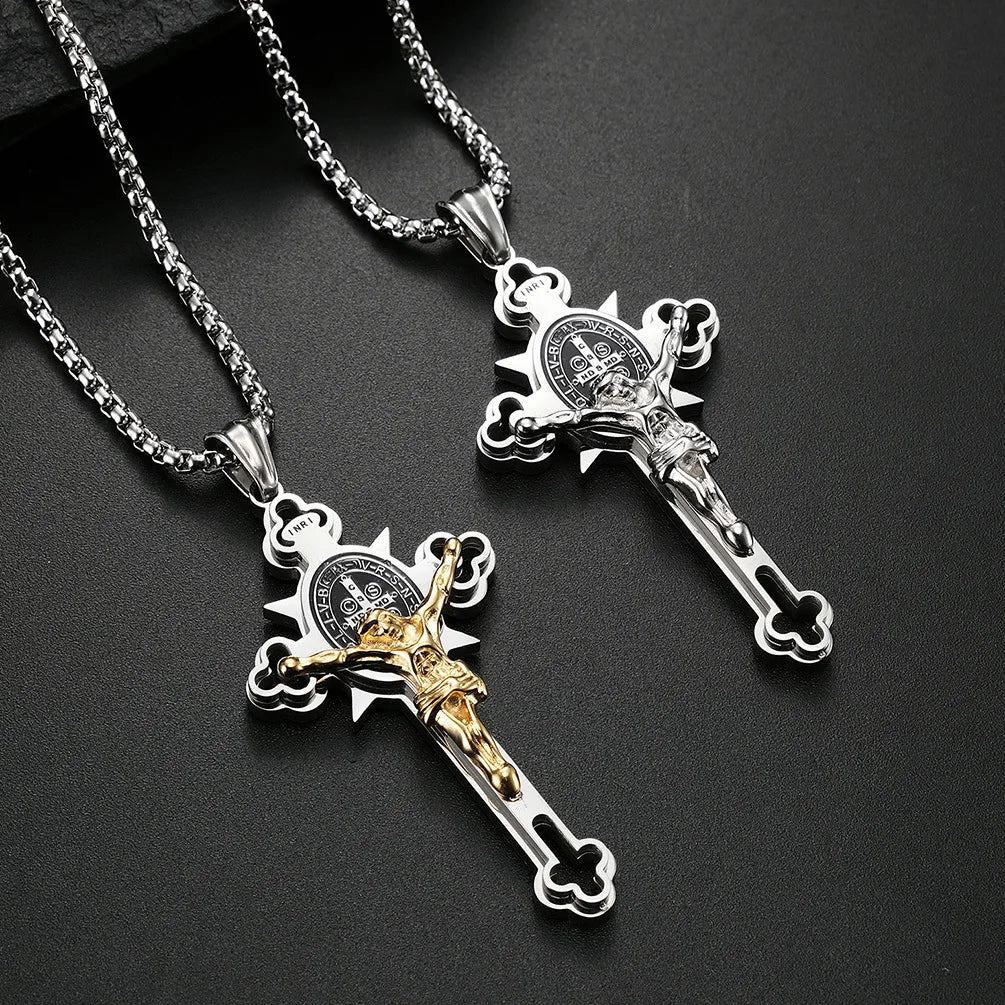 Stainless Steel St. Benedict Crucifix Pendants Necklace INRI
