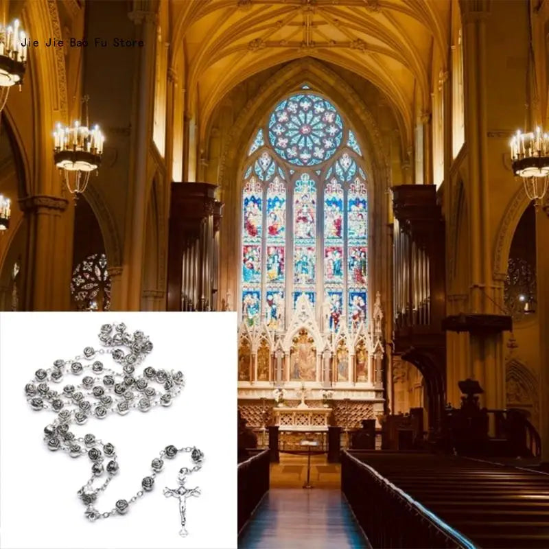 Rosary Necklace Silver color Plastic Rose Flowers Beads