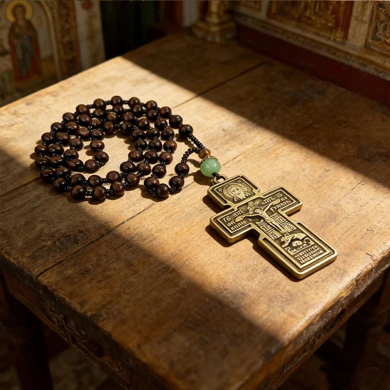 Traditional Eastern Orthodox Prayer Rope Dark Brown Wooden Beads Bronze Crucifix Pendant
