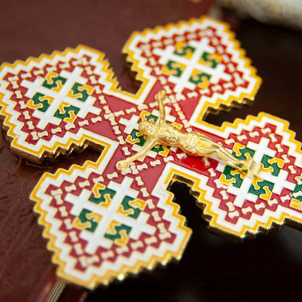 Byzantine Orthodox Gold Plated Crucifix Red Green Enamel Inlay