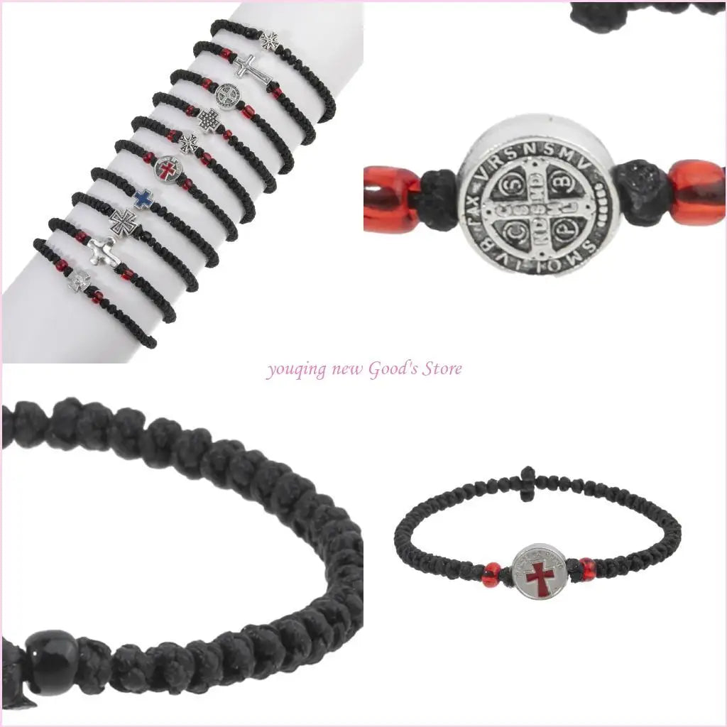 57QA Faith Inspired Crucifix Braided Handcrafted Bracelet Adjustable Sizing Wrist Chain for Personal and Religious Use