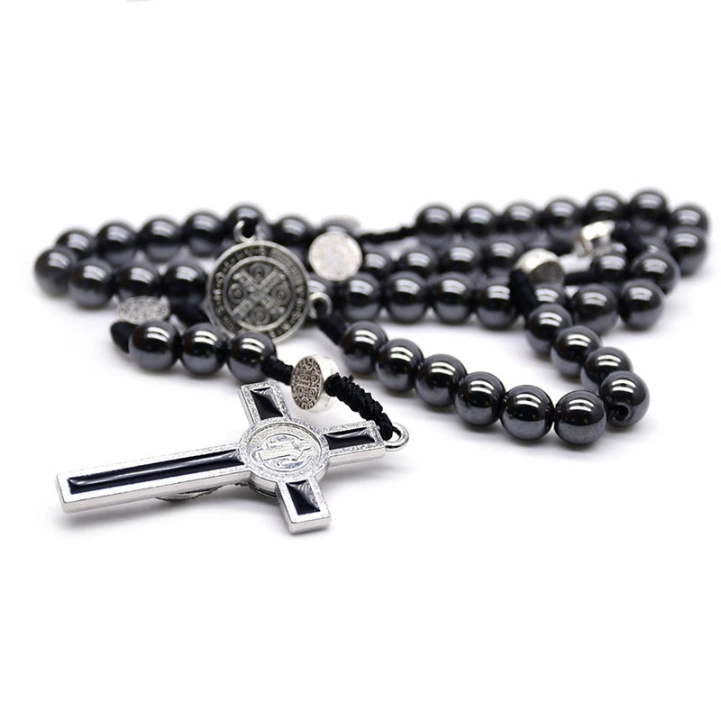 Saint Benedict Hematite Rosary Woven Necklace