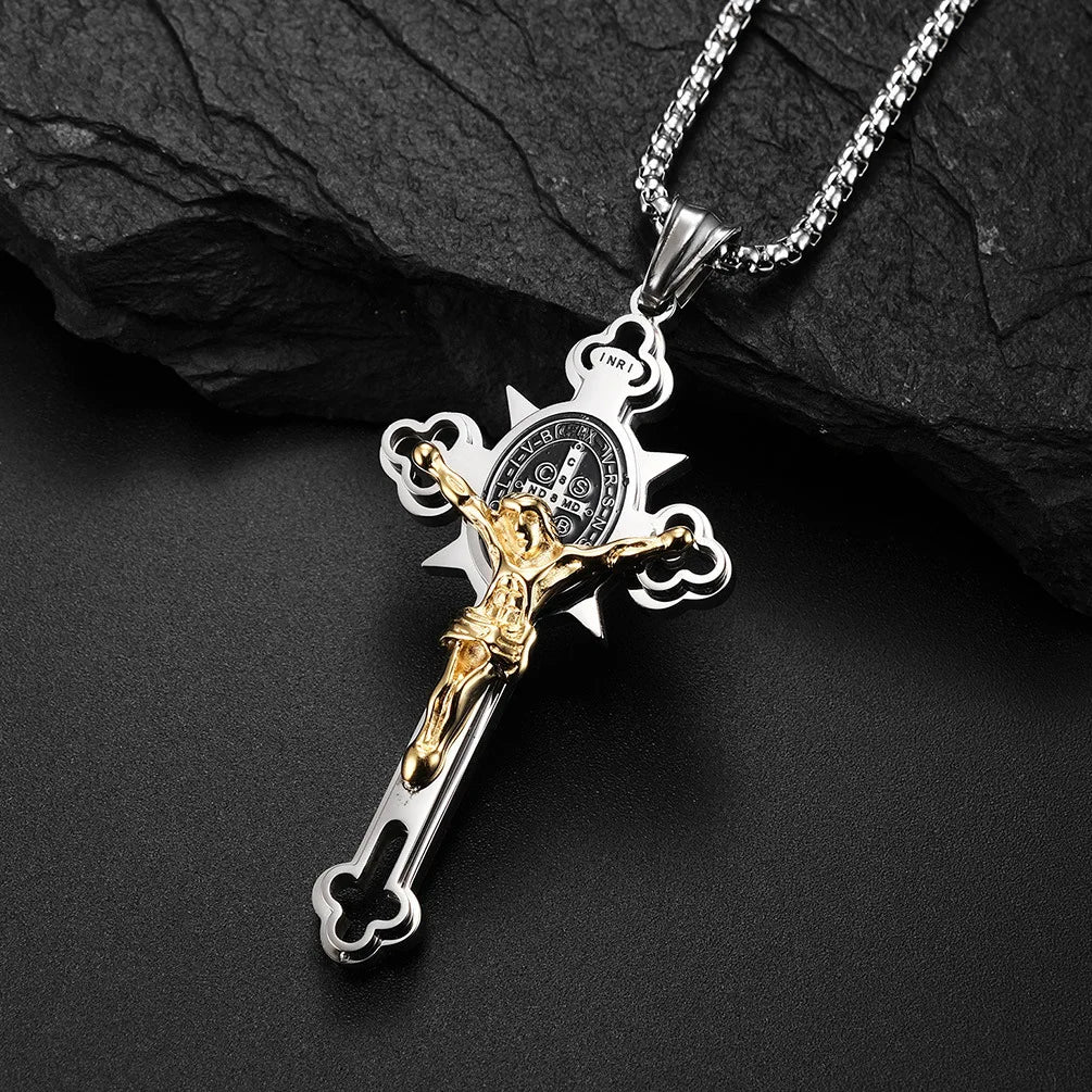 Stainless Steel St. Benedict Crucifix Pendants Necklace INRI