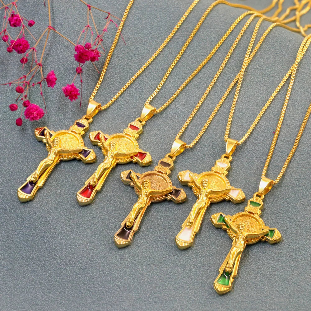 Enamel St Benedict Exorcism Cross Necklaces Gold Plated Protection Jewelry for Women/Men 24 inches Chain