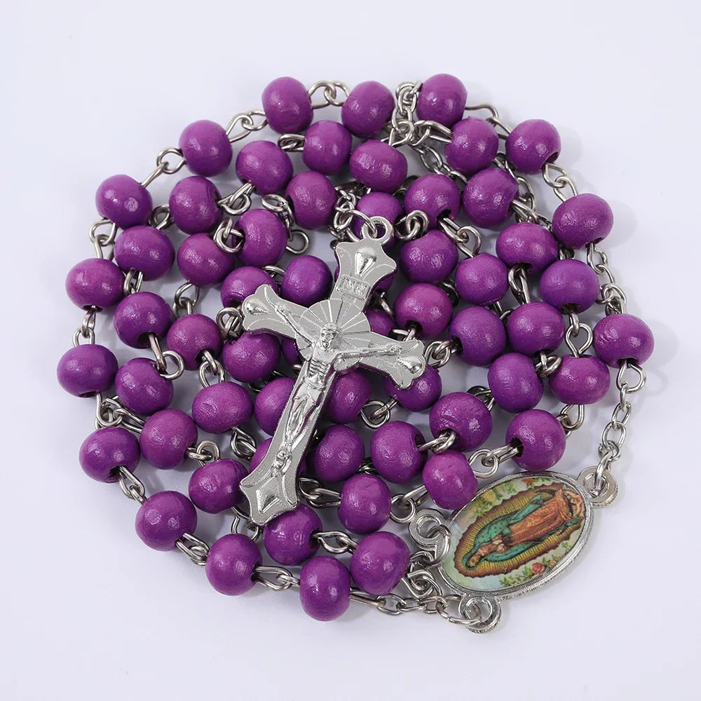 Wood Rosary Necklace with Virgin Mary Cross Pendant 6MM