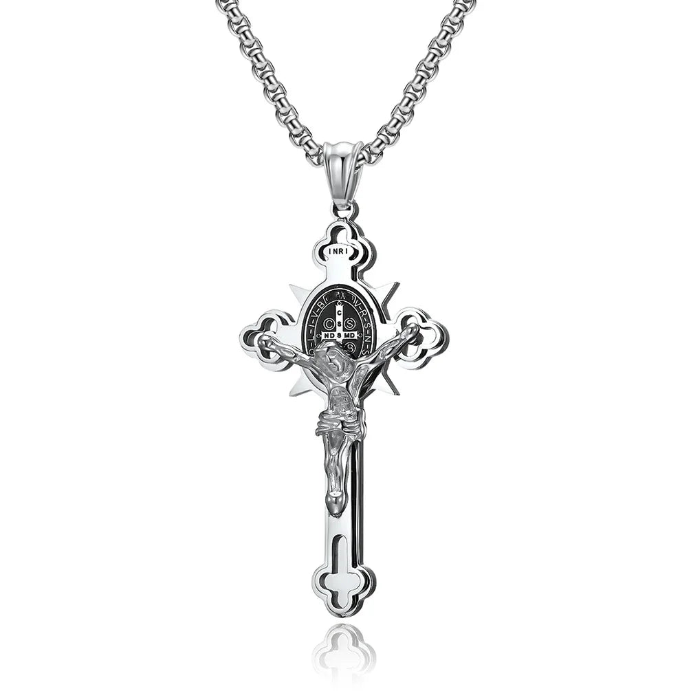 Stainless Steel St. Benedict Crucifix Pendants Necklace INRI