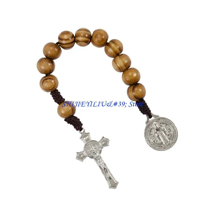 Large Wooden Rosary Beads Handwoven Cross Pendant For Daily Devotion