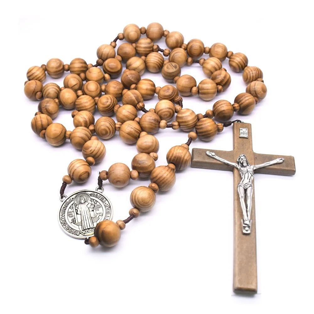Large Wood Bead Crucifix With St Benedict Exorcism Medal
