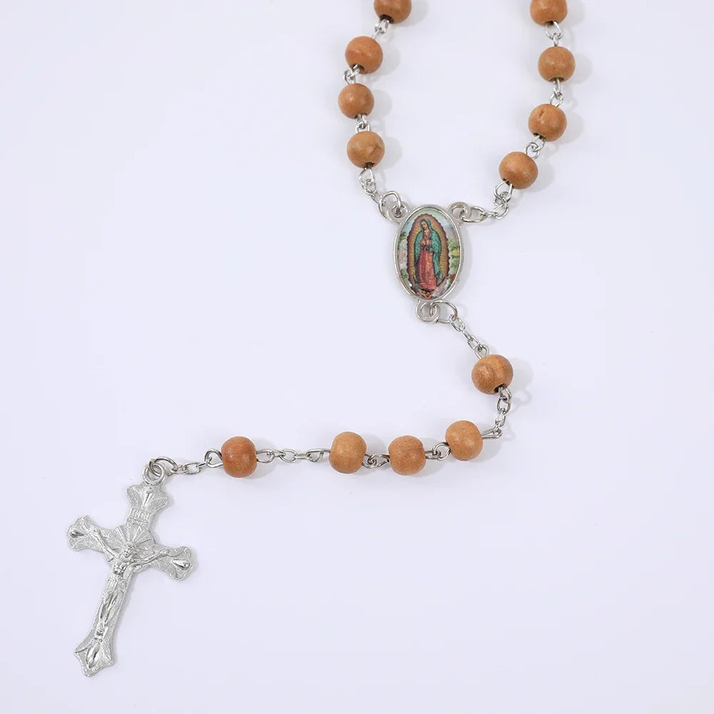 Wood Rosary Necklace with Virgin Mary Cross Pendant 6MM