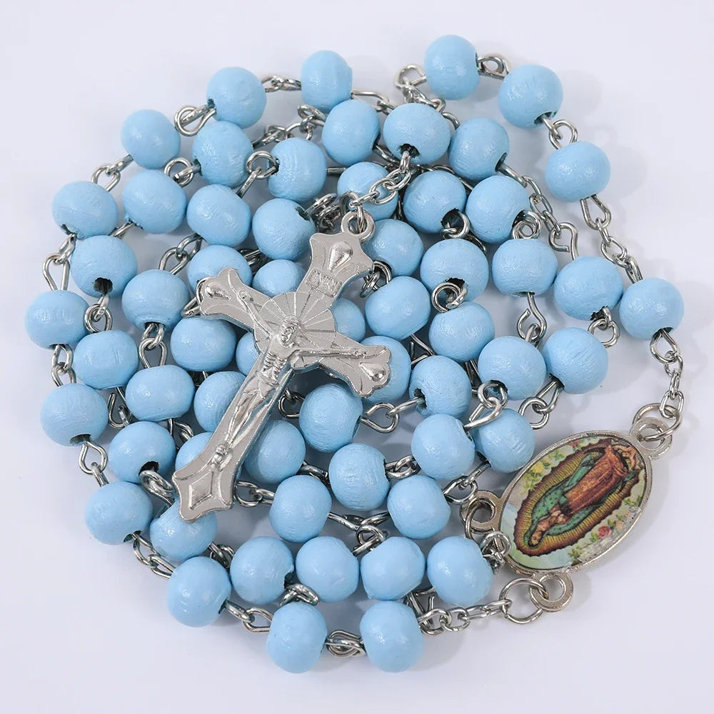Wood Rosary Necklace with Virgin Mary Cross Pendant 6MM