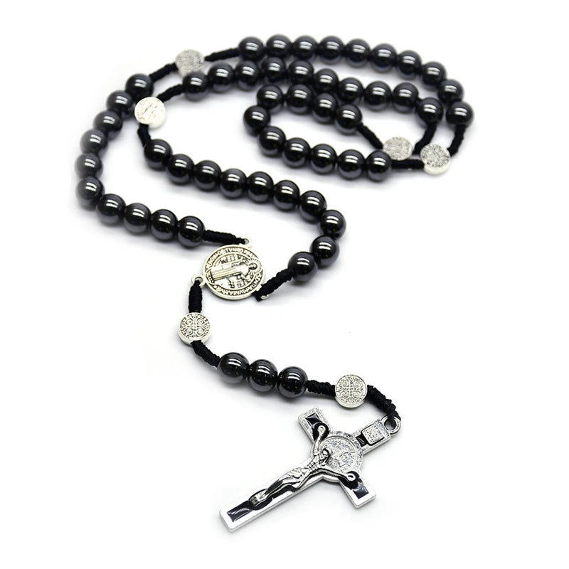 Saint Benedict Hematite Rosary Woven Necklace