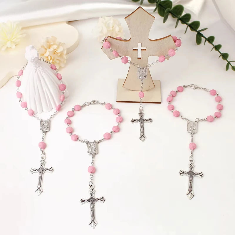 Pink Rose Beads Crucifix Hanging Ornament for Interior Decoration