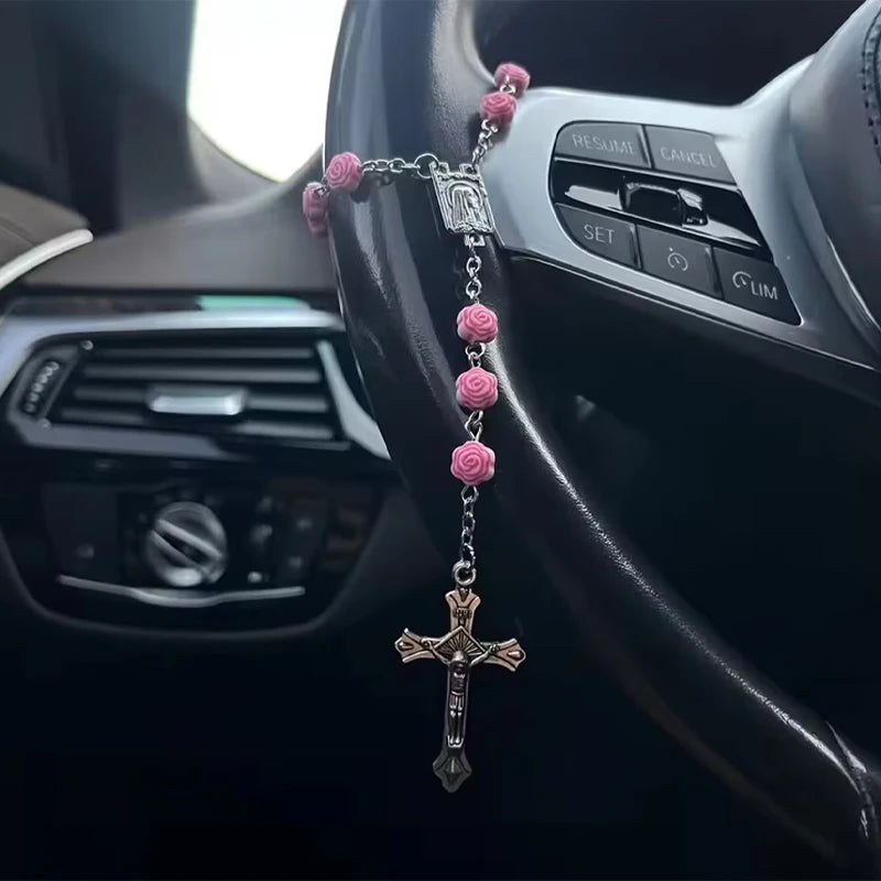 Pink Rose Beads Crucifix Hanging Ornament for Interior Decoration