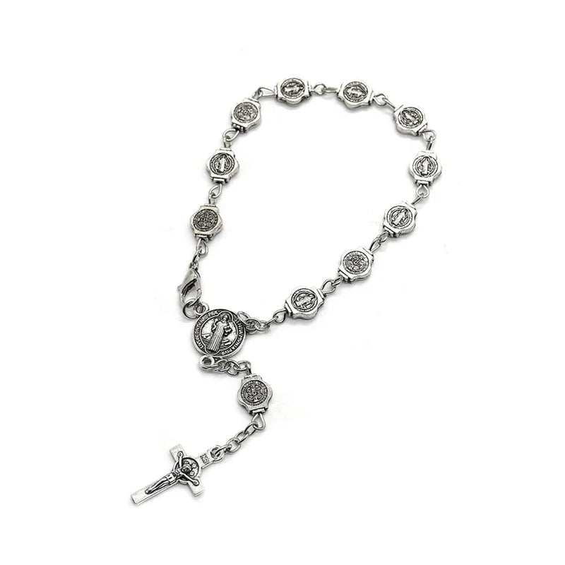 Vintage Metal St. Benedict Rosary Bracelet Cross Prayer Beads Jewelry