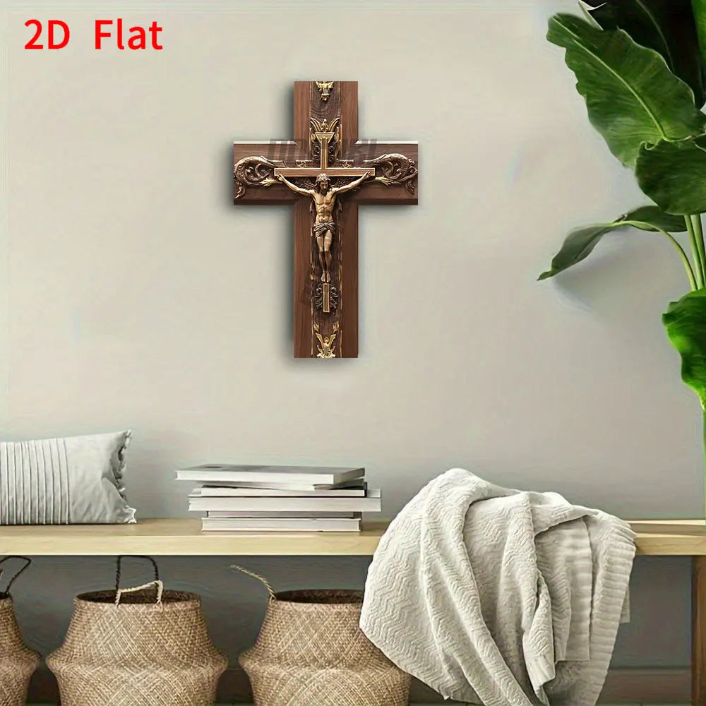 Vintage Metal Cross Wall Hanging - Intricate Jesus Christ Crucifixion Design with Golden Swirls & Vines Ornate Detailing