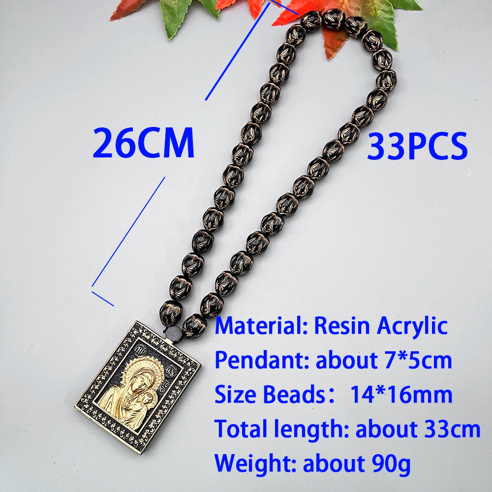 NEW Rosary Pendant Eastern Orthodox 3D Paintings Resin Black Gold Madonna