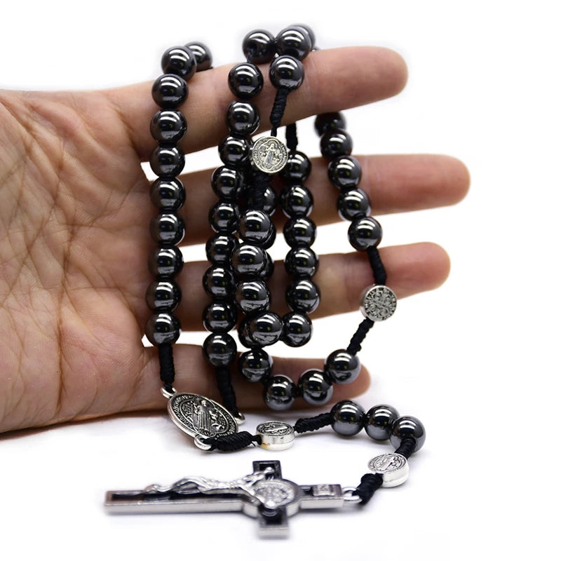 Saint Benedict Hematite Rosary Woven Necklace