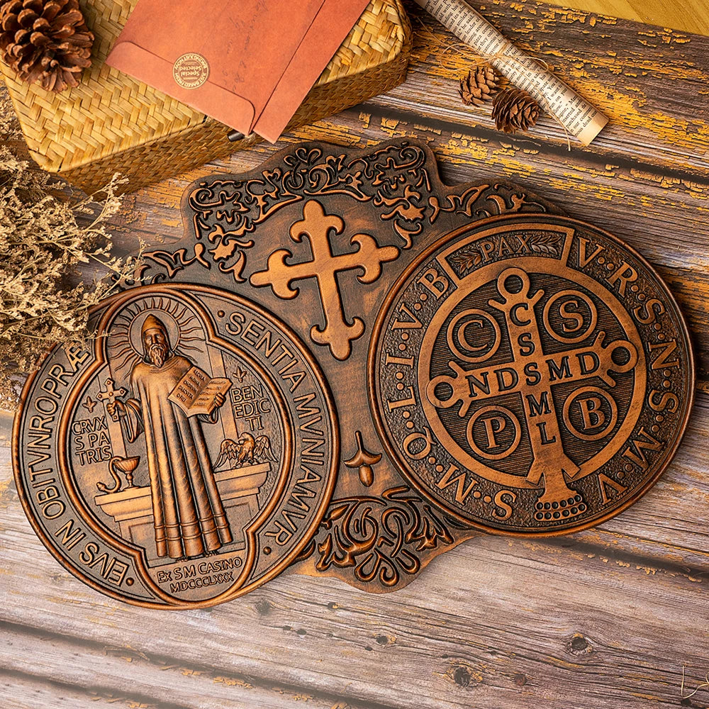 Saint Benedict medal , Exorcism plaque,  wood carving wall decoration