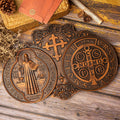 Saint Benedict medal , Exorcism plaque,  wood carving wall decoration
