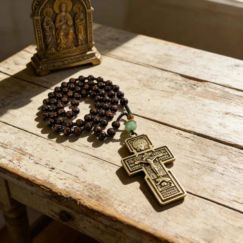 Traditional Eastern Orthodox Prayer Rope Dark Brown Wooden Beads Bronze Crucifix Pendant