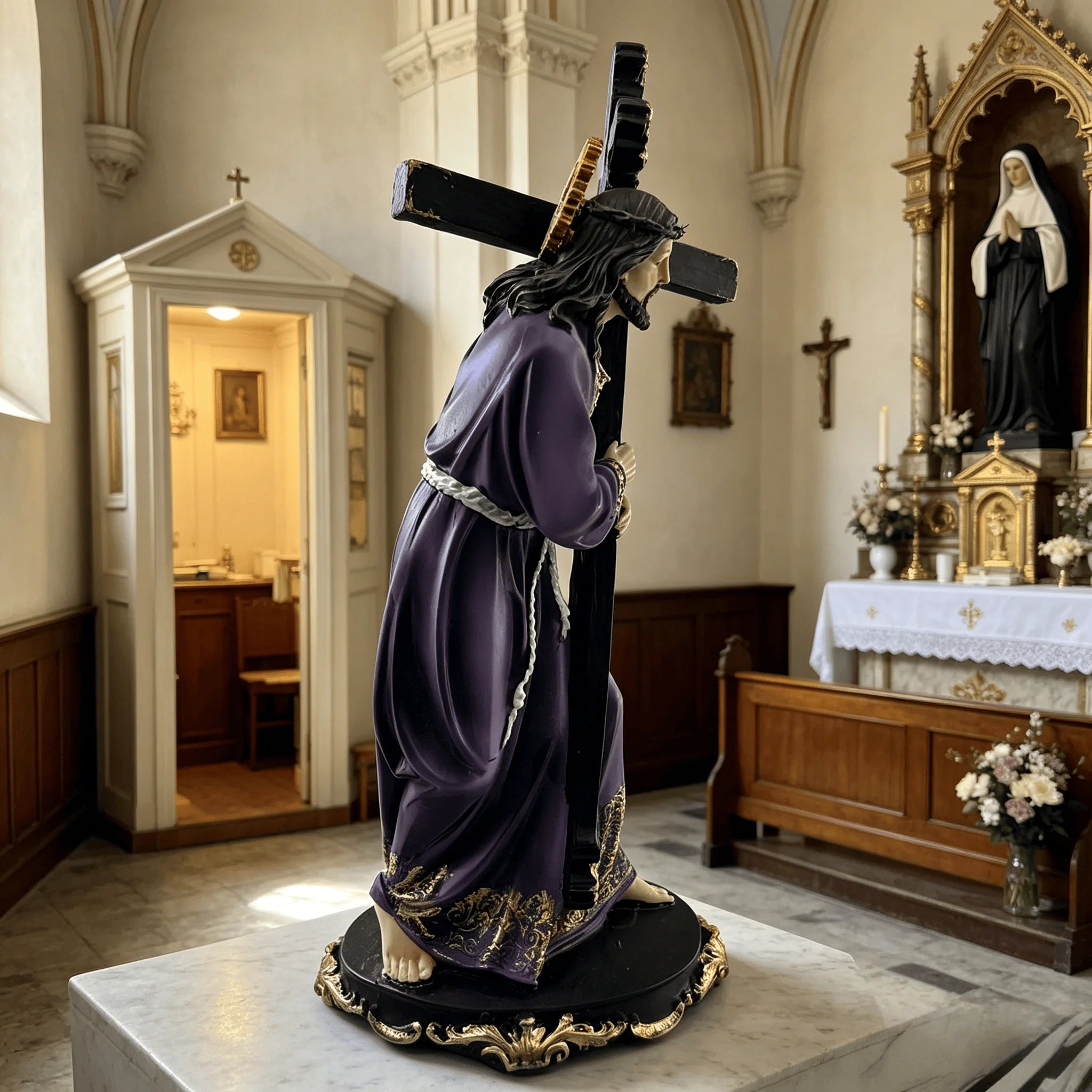 Jesus Carrying Cross Statue, Purple Robe Hand Painted Resin Decor
