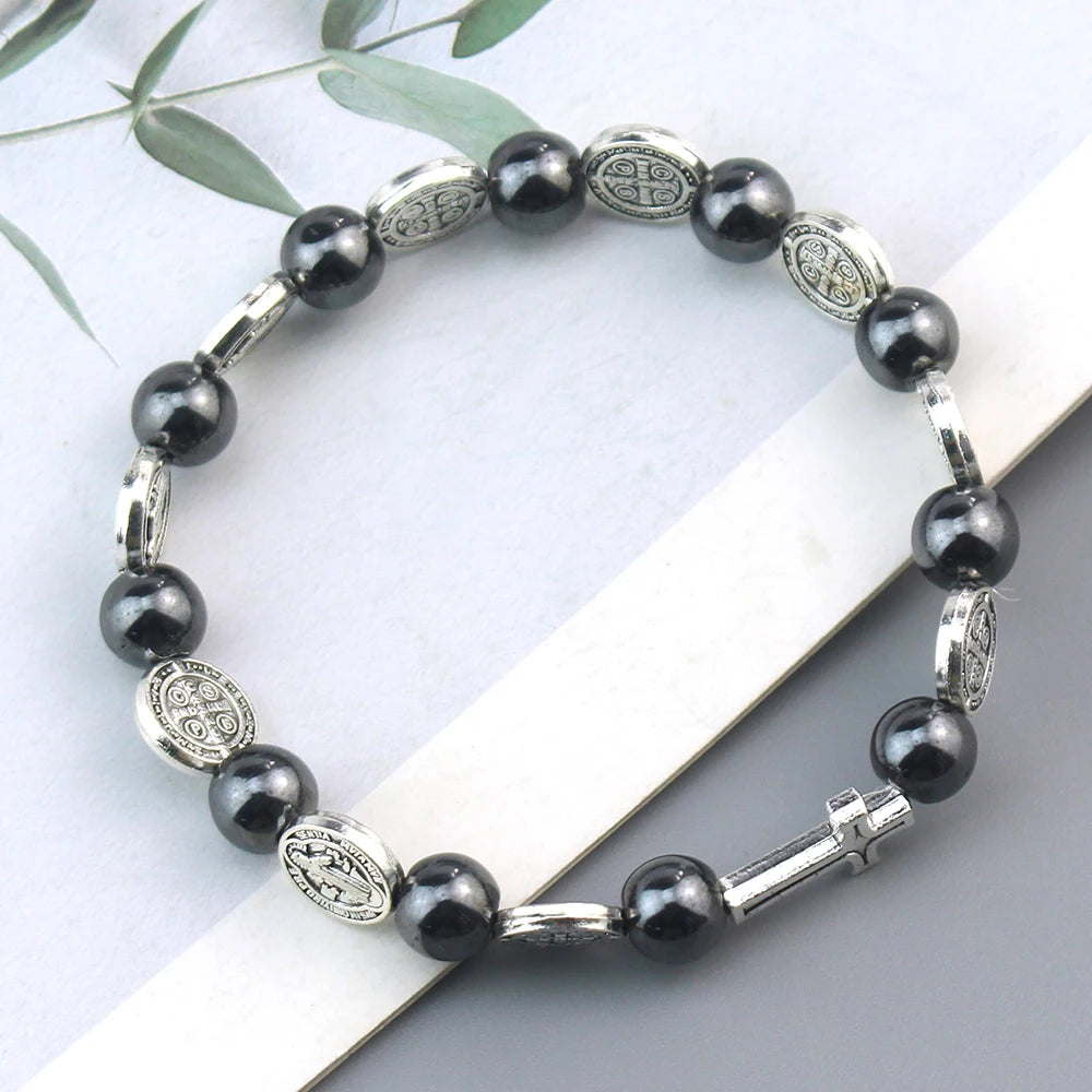 St Benedict Hematite Rosary Bracelet Elastic