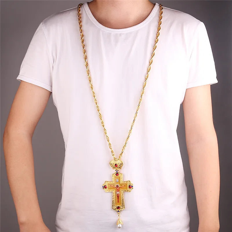 Pendant Necklace with Gold Pectoral Crucifix with Orthodox icon
