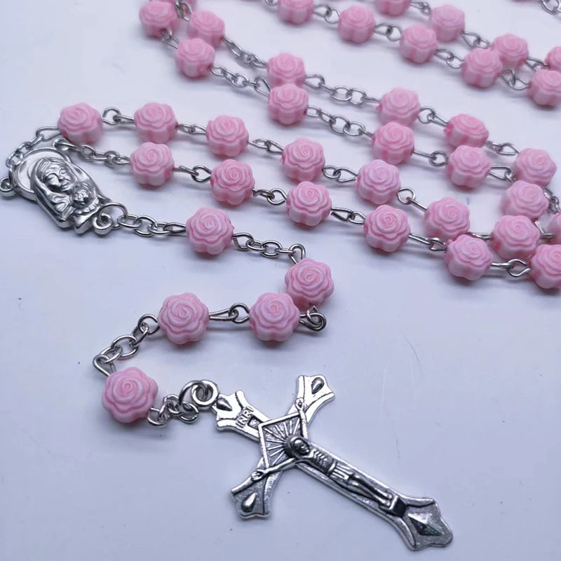 First Communion Rosary Set for Girls with Pink Rose Shaped Bead Pendant Necklace