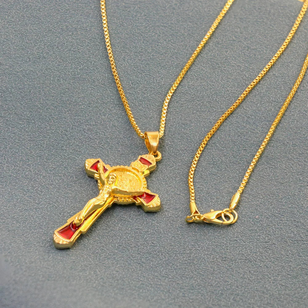 Enamel St Benedict Exorcism Cross Necklaces Gold Plated Protection Jewelry for Women/Men 24 inches Chain