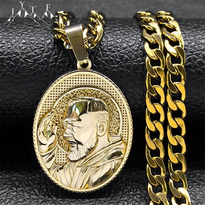 Padre Pio Saint Medal Necklace Stainless Steel Gold Color