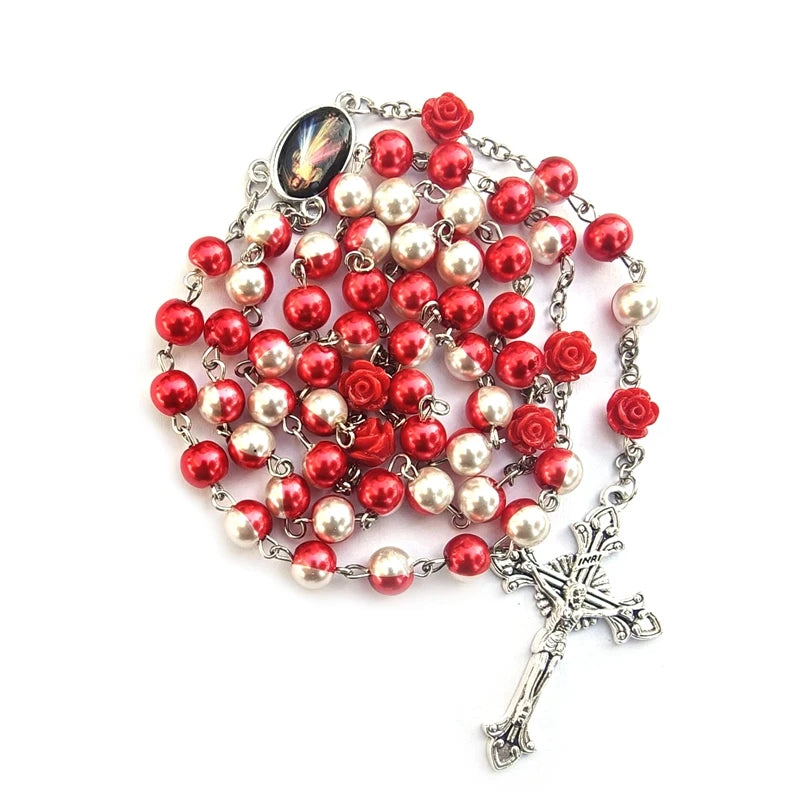 Red White Glass Pearl Cross Rosary