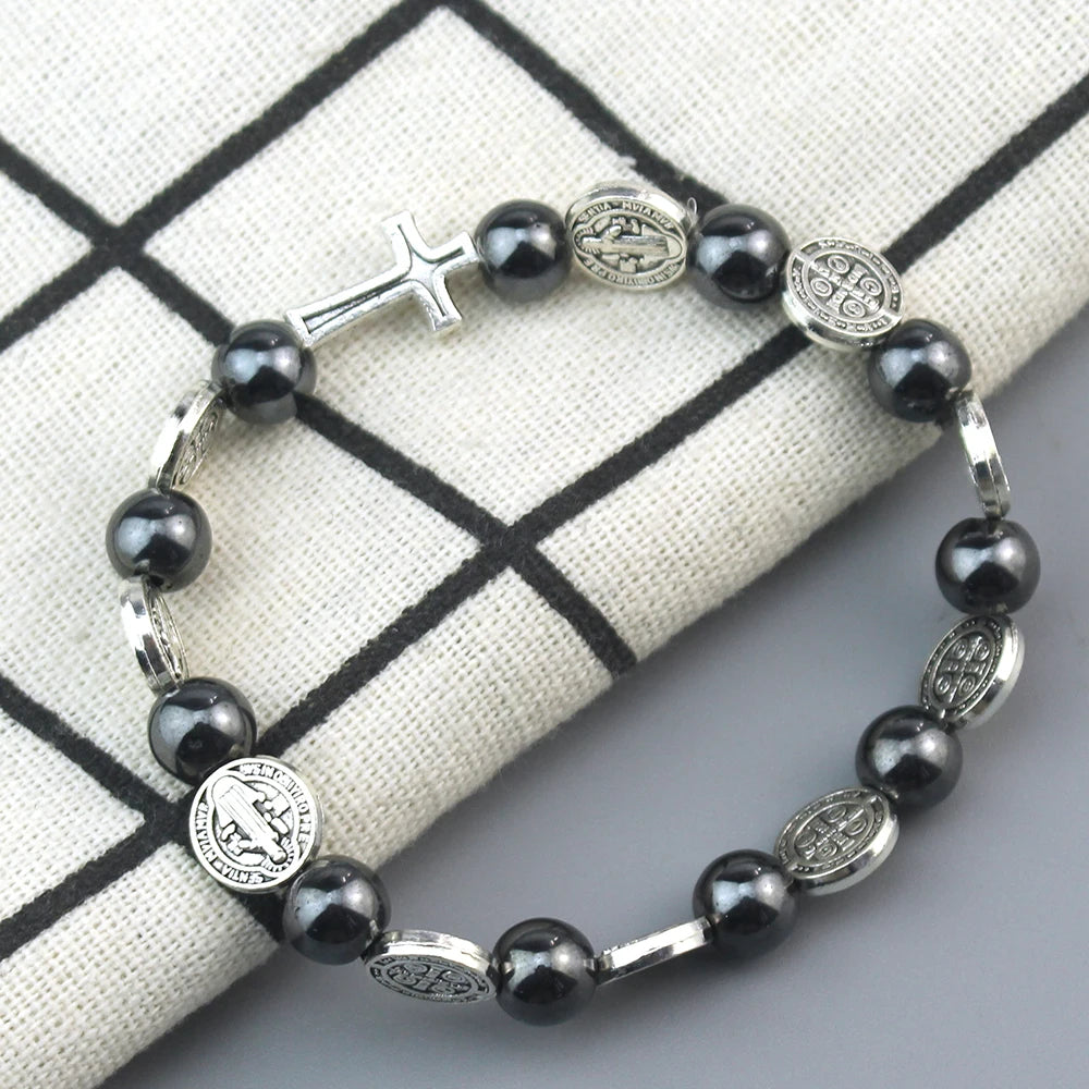 St Benedict Hematite Rosary Bracelet Elastic
