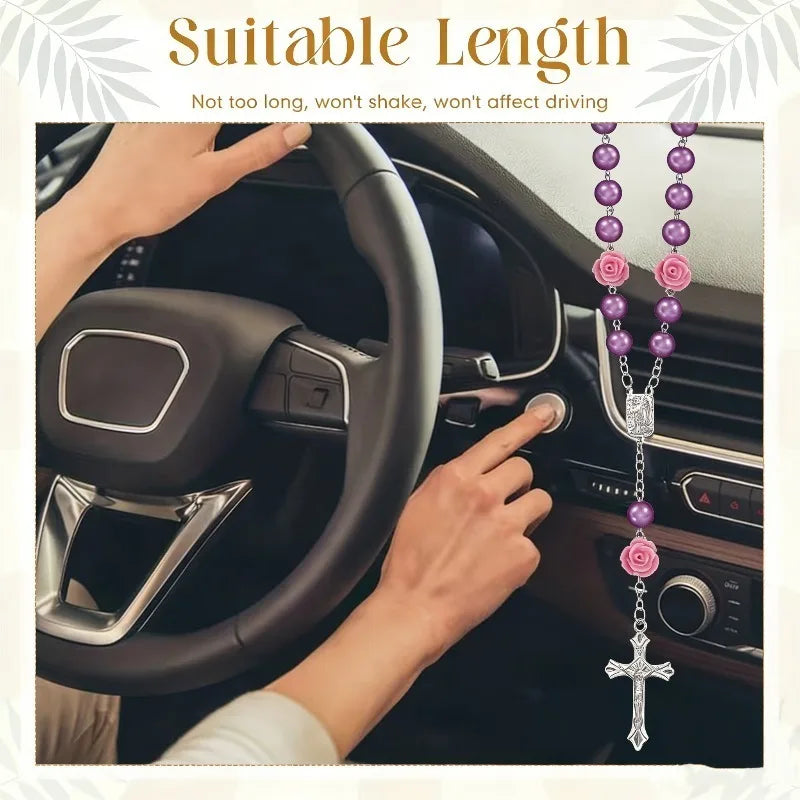 Rosary Cross Rose Prayer Beads Rearview Mirror Hanging Ornament